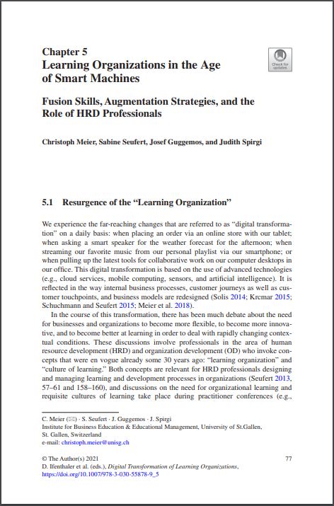 scil Aktuelle Publikation Learning organizations in the age of smart machines Fusion skills, augmentation strategies and the role of HRD professionals
